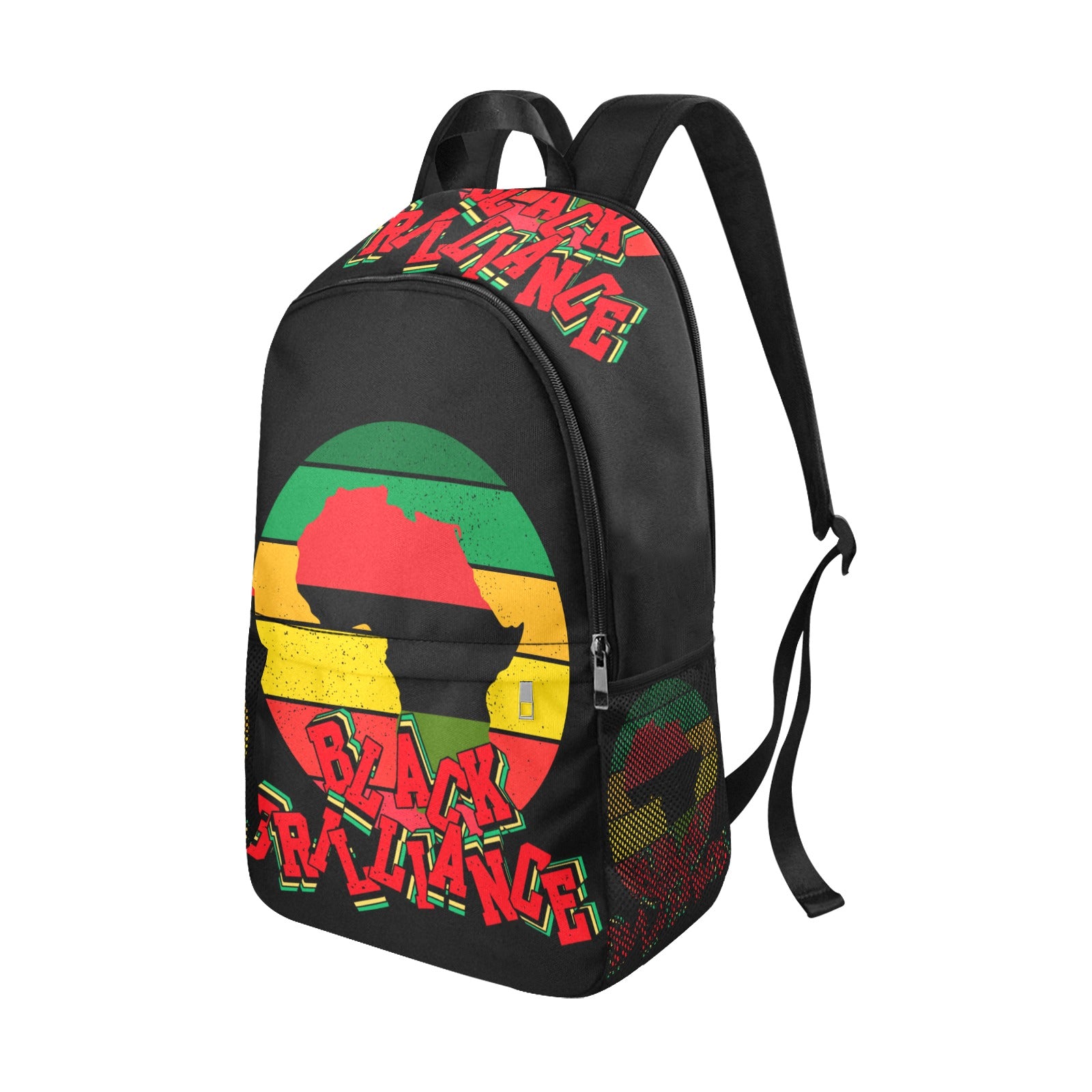 Black Brilliance Backpack. Black. Fabric Backpack with Side Mesh Pockets, Black History Month